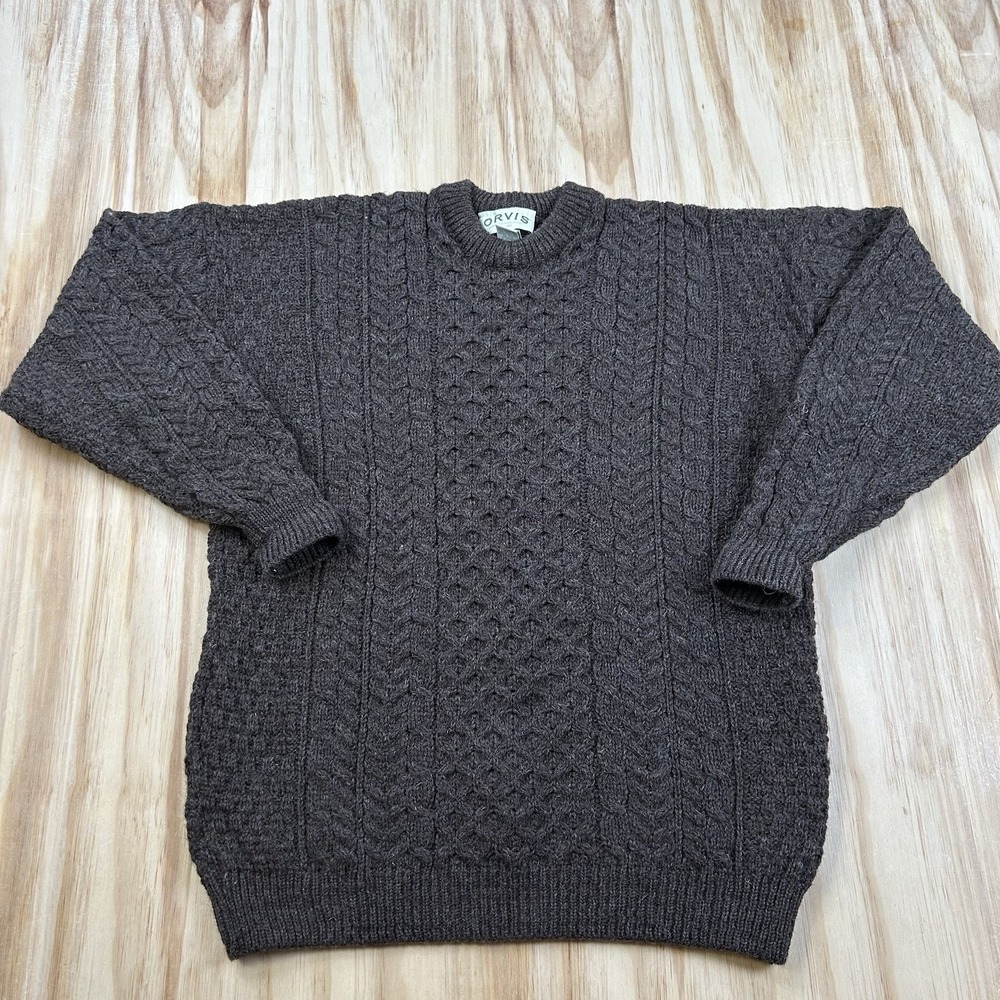 Orvis Men's 100% Wool Fisherman Weave Sweater Brown Large Ireland Heavy Thick